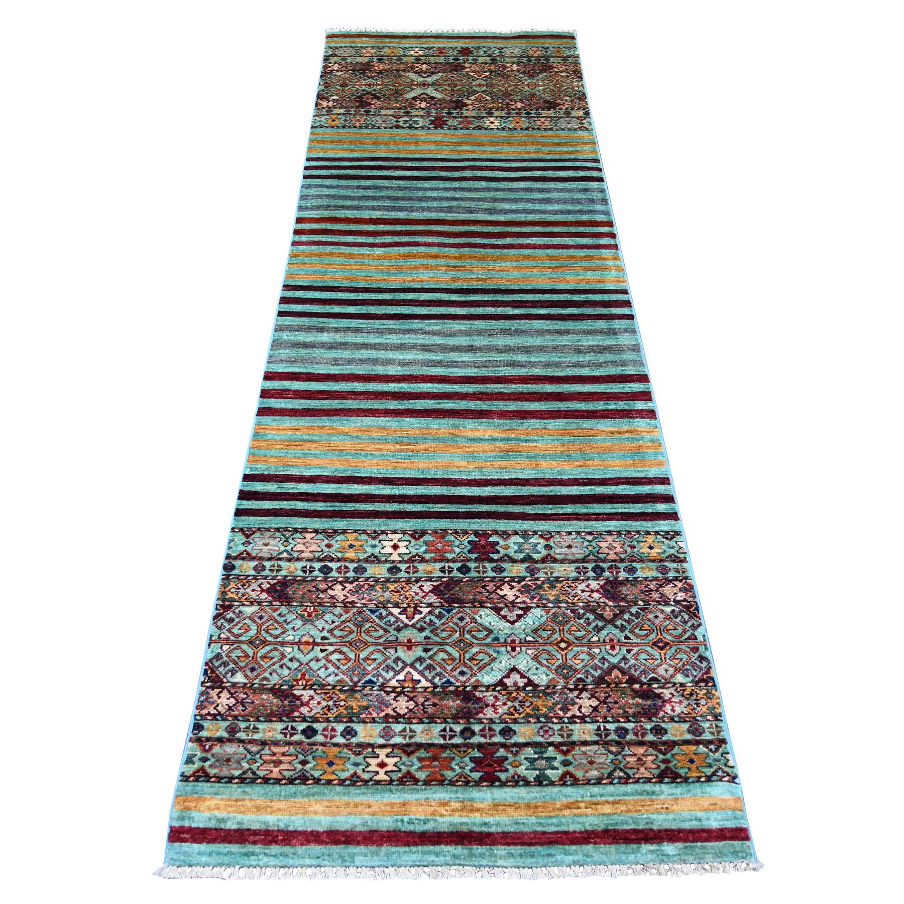 Pistachio Green, Hand Knotted, Afghan Super Kazak with Khorjin Design, Pure Wool, Vegetable Dyes, Runner, Oriental Rug